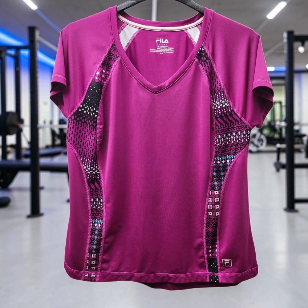 FILA Sport Athletic Top Womens XL Fushsia Short Sleeve Geometric Athleticwear